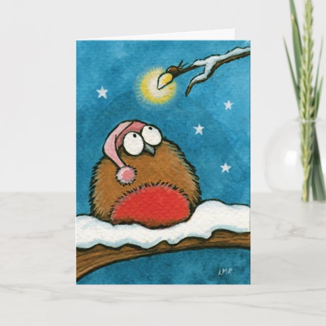 Tarjeta festiva caprichosa divertida del petirrojo (Anverso)