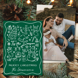 Tarjeta Festiva Caprichosa Foto Navideña de Pino Verde Dibujada a
