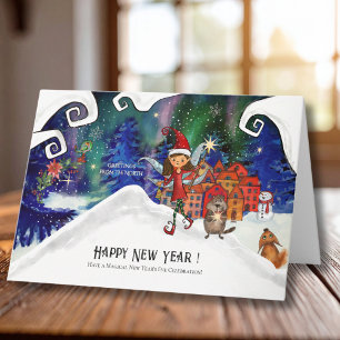 Tarjeta Festiva Caprichosas Hadas de las Luces del Norte Feliz Año