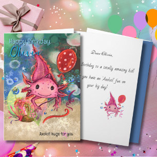 Tarjeta Festiva Caprichoso Ajolote Rosa Acuarela Niños Lindos