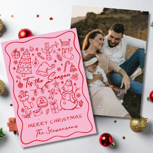 Tarjeta Festiva Caprichoso Dibujado a Mano Rojo Rosa Divertido Fot
