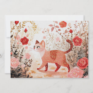 Tarjeta Festiva Caprichoso & gato en un jardín de rosas