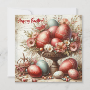 Tarjeta Festiva Caprichosos huevos de Pascua rojos retro flores de