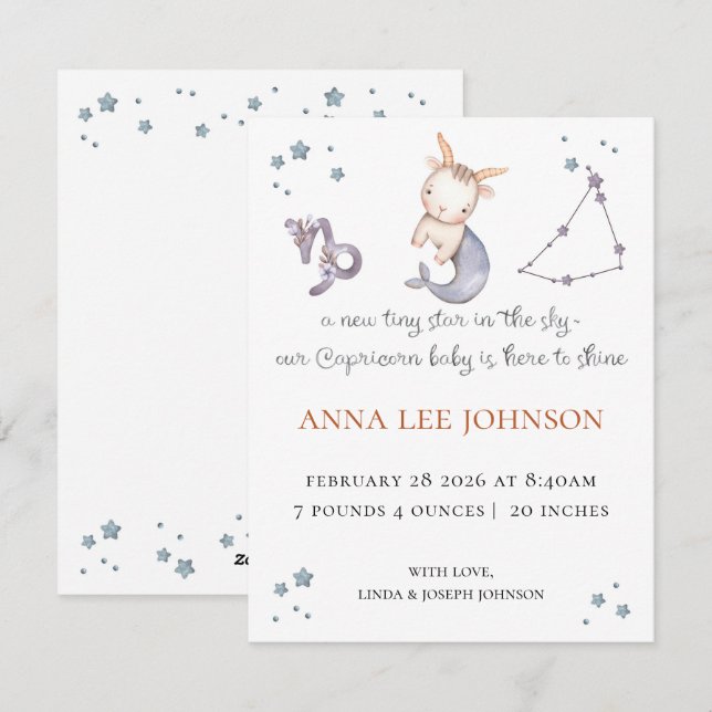 Tarjeta Festiva Capricorn Zodiac Birth Announcement (Anverso / Reverso)