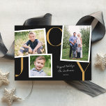 Tarjeta Festiva Captura de pantalla instantánea moderna JOY Holida<br><div class="desc">Esta moderna tarjeta fotográfica de vacaciones cuenta con tres fotos de diferentes tamaños sobre una moda de fondo casi negro con "JOY" en beige de camello arreglado cuidadosamente, y espacio para tu bienvenida/firma familiar. Este diseño se adapta a una foto horizontal, una foto cuadrada y una vertical. En la parte...</div>