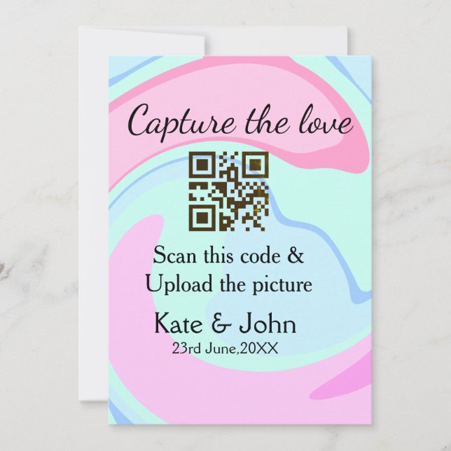 Tarjeta Festiva Capturar el amor añadir QR scan mármol azul rosa (Anverso)