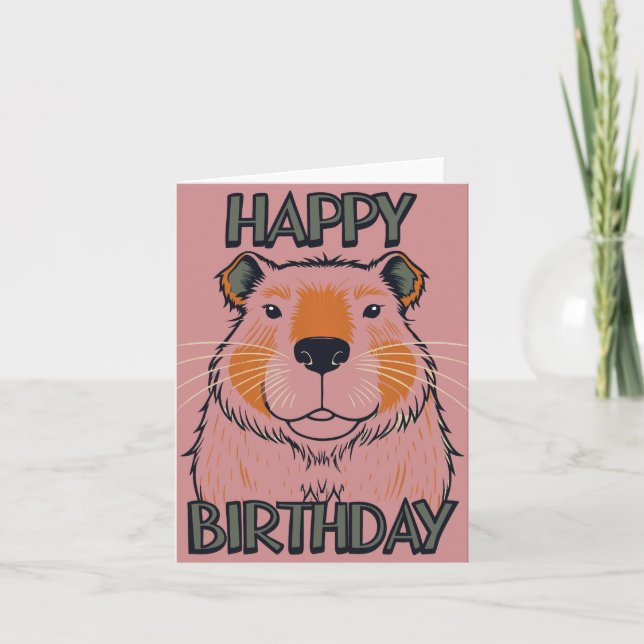 Tarjeta Festiva Capybara Happy Birday Pink Retro (Anverso)