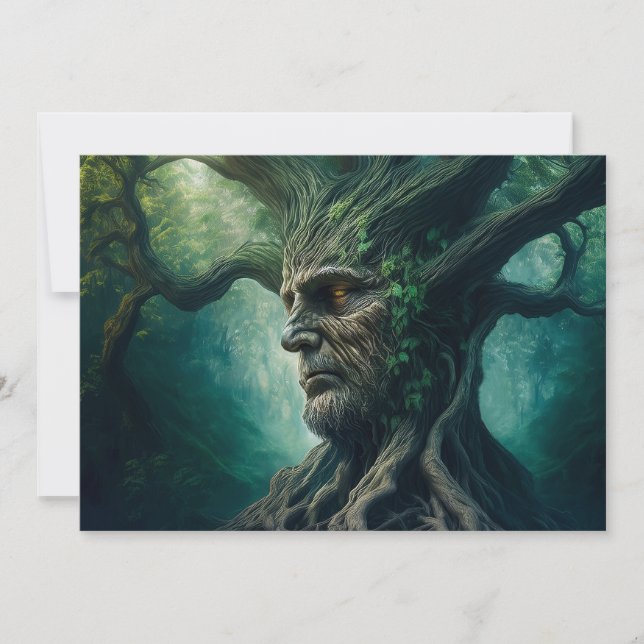 Tarjeta Festiva Cara sabia en el bosque místico del árbol antiguo (Anverso)