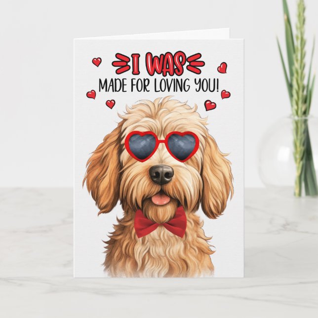 Tarjeta Festiva Caramel Labradoodle hecho para amarte San Valentín (Anverso)