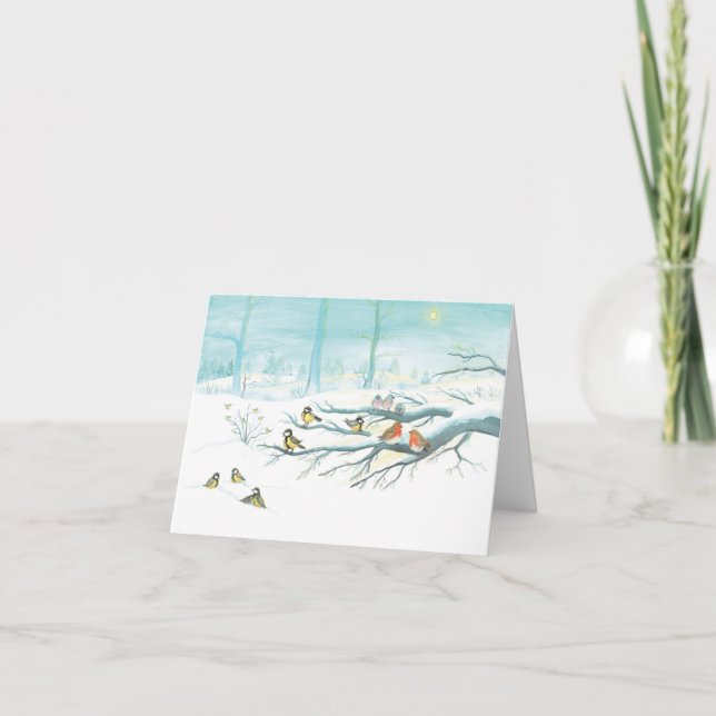 Tarjeta Festiva Carboneros, Petirrojos y Bosque Nevado de Invierno (Anverso)