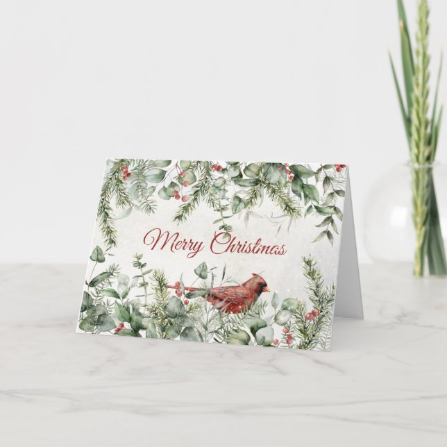 Tarjeta Festiva Cardenal con follaje invernal y bayas (Anverso)