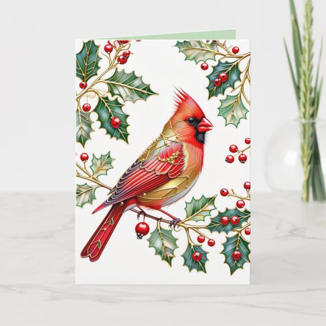 Tarjeta Festiva Cardenal de invierno con Holly (Anverso)