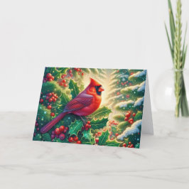 Tarjeta Festiva Cardenal de Invierno Rojo en Acebo