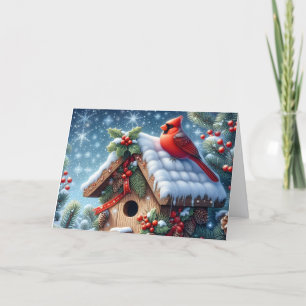 Tarjeta Festiva Cardenal de Invierno Rojo en Casa de Pájaros de Na