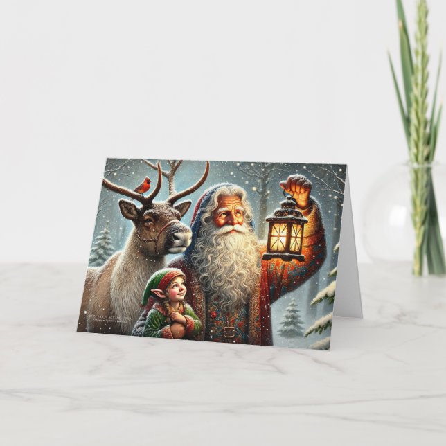 Tarjeta Festiva Cardenal de renos del viejo mundo Santa Lantern (Anverso)
