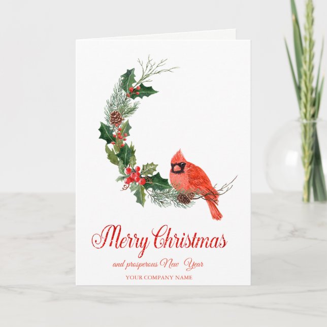 Tarjeta Festiva Cardenal rojo Bird Holly Berry Navidades (Anverso)