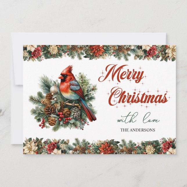 Tarjeta Festiva Cardenal rojo clásico tradicional retro vintage (Anverso)