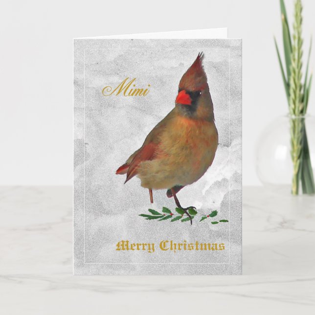 Tarjeta Festiva Cardenal rojo hembra de frente en la nieve con hol (Anverso)