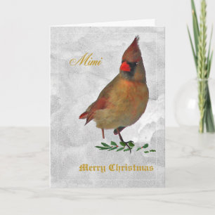 Tarjeta Festiva Cardenal rojo hembra de frente en la nieve con hol