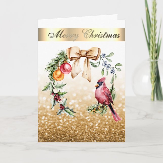Tarjeta Festiva Cardenal rojo Holly Berry Gold Purpurina (Anverso)