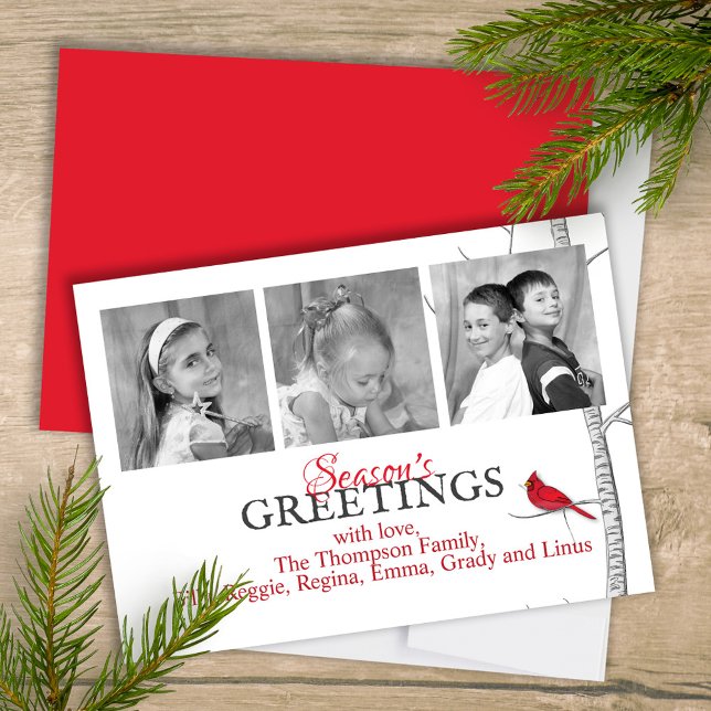 Tarjeta Festiva Cardenal rojo Woodland WinTree Multi Photo (Winter botanical red cardinal three-photo greeting card template. )