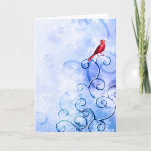 Tarjeta Festiva Cardenal Rojo y Swirls: Ave de Invierno Atractiva