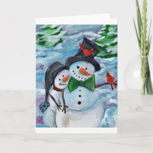 Tarjeta Festiva Cardenal visitando a Snowmen