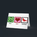 Tarjeta Festiva Cardenales de amor por la paz<br><div class="desc">Un regalo cardinal de bonito con un signo de paz,  corazón y un hermoso pájaro rojo. Un lindo regalo para un observador de aves que adora ver hermosos pájaros y coleccionar regalos geniales. Cardenales de amor por la paz.</div>