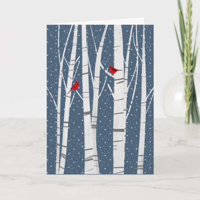 Tarjeta Festiva Cardenales De Navidades Rojos En Copos De Nieve (Anverso)