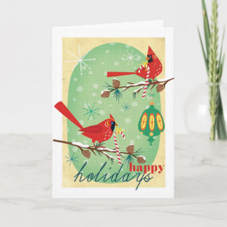 Tarjeta Festiva Cardenales del vintage en ramas de árbol de pino