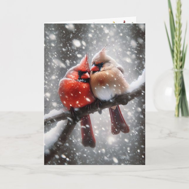 Tarjeta Festiva Cardenales navidades en una sucursal nevada (Anverso)