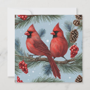Tarjeta Festiva Cardenales rojos, bayas, ramas de pino, piñas