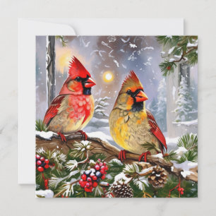 Tarjeta Festiva Cardenales rojos con bayas, el invierno de las pin