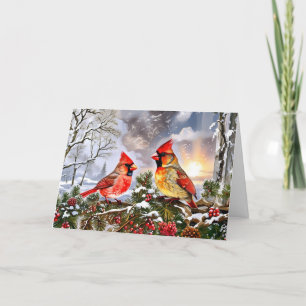 Tarjeta Festiva Cardenales rojos con paisaje de invierno de Berrie