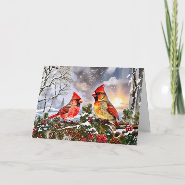 Tarjeta Festiva Cardenales rojos con paisaje de invierno de Berrie (Anverso)