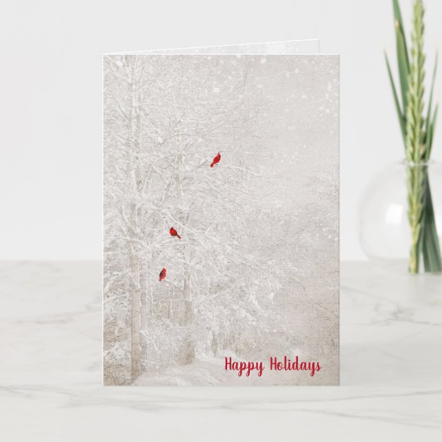 Tarjeta Festiva Cardenales rojos en el bosque de invierno (Anverso)