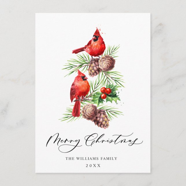 Tarjeta Festiva Cardenales rojos Holly Berry Navidades saludan (Anverso)