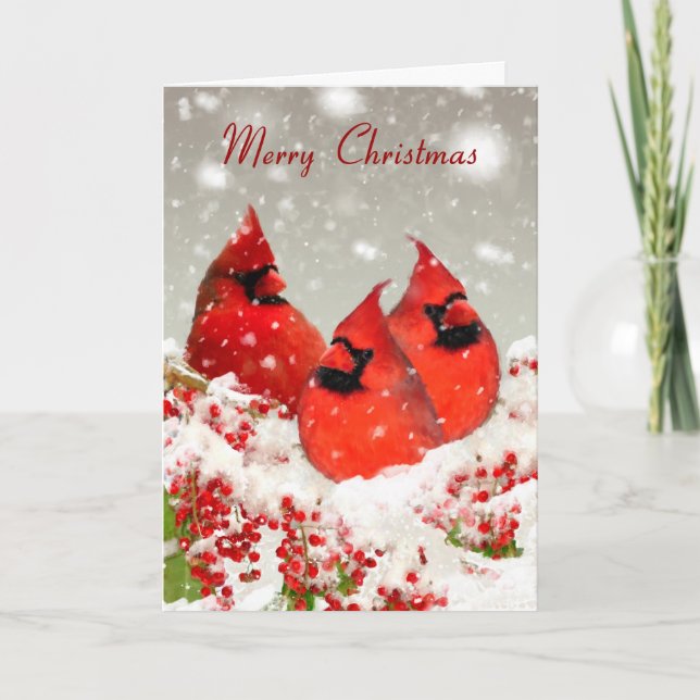 Tarjeta Festiva Cardenales Rojos Pintados De Petróleo Y Berries De (Anverso)