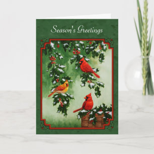 Tarjeta Festiva Cardenales rojos y verde holly