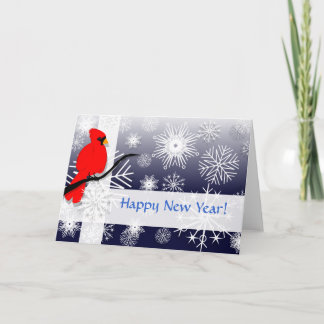 Tarjeta Festiva Cardenales y copos de nieve, ¡Feliz Año Nuevo!