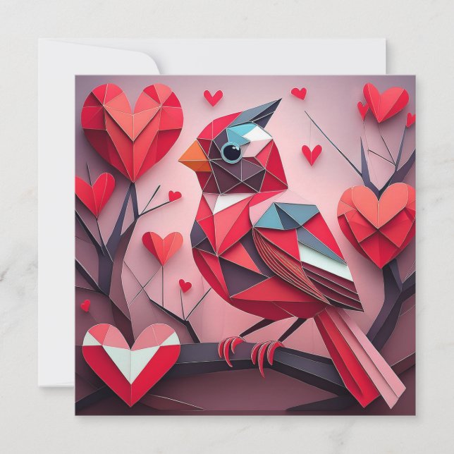 Tarjeta Festiva Cardinal Estilo Origami con Corazones de San Valen (Anverso)