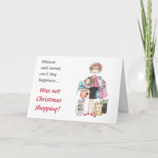Tarjeta Festiva Caricatura femenina feliz de moda, sabe dónde comp (Anverso)