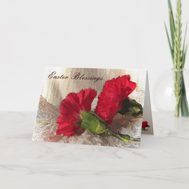 Tarjeta Festiva Carnaciones Rojas en la Pascua de Brocade (Anverso)