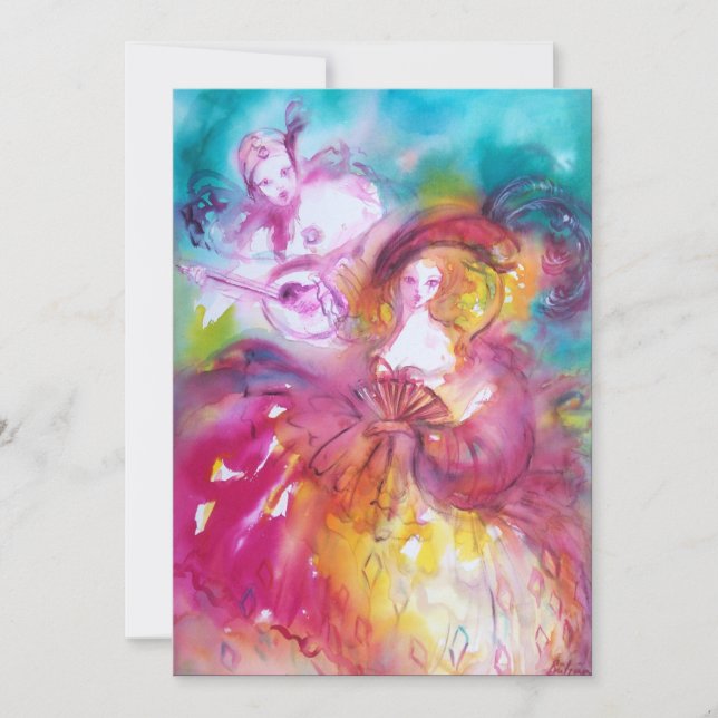 Tarjeta Festiva Carnaval veneciano de PIERROT y ARLECCHINA, (Anverso)