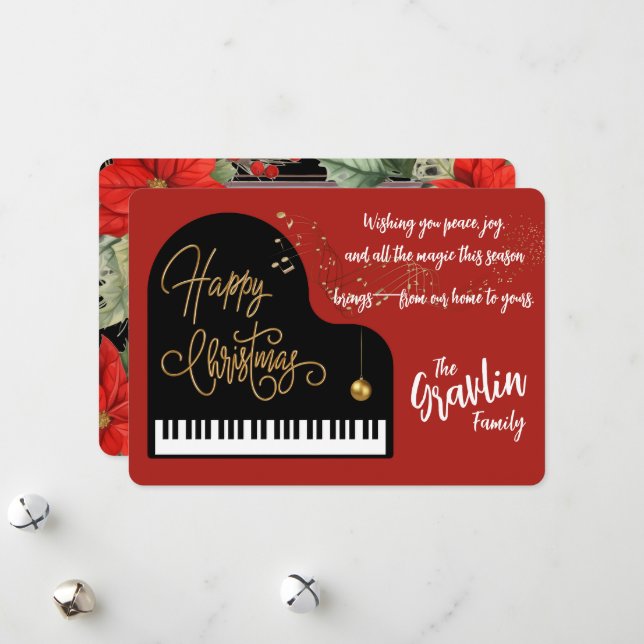 Tarjeta Festiva Carol de retrato familiar en Crimson y oro (Anverso/Reverso In Situ)