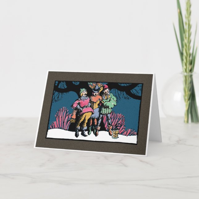 Tarjeta Festiva Carolers medievales del Woodblock-Estilo (Anverso)