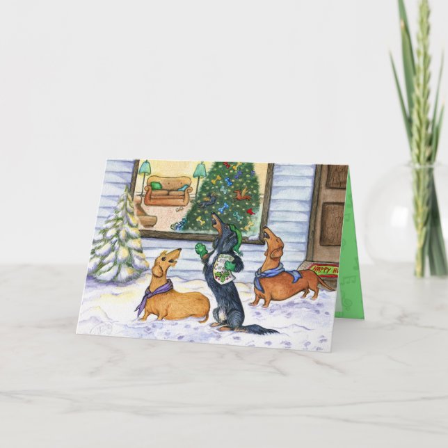 Tarjeta Festiva Caroling Dachshunds Navidades Card (Anverso)