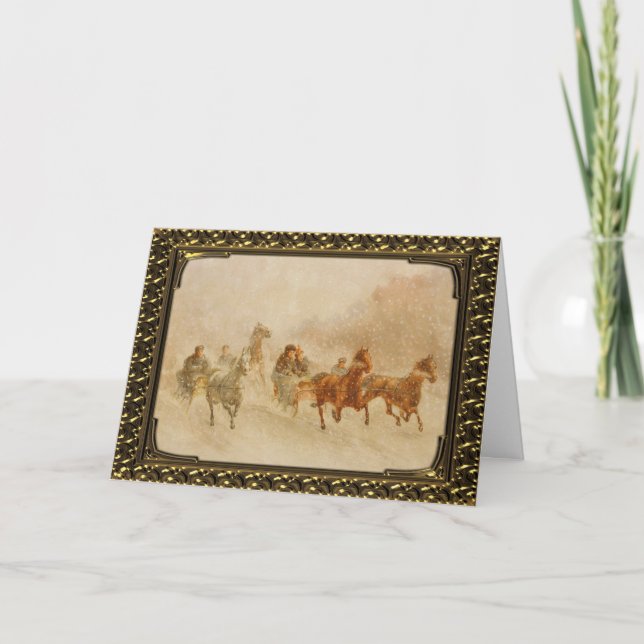 Tarjeta Festiva Carrera de Sleigh con un caballo enmarcado - Tarje (Anverso)