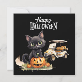 Tarjeta Festiva Carrito de golf con gato negro para el día de Hall