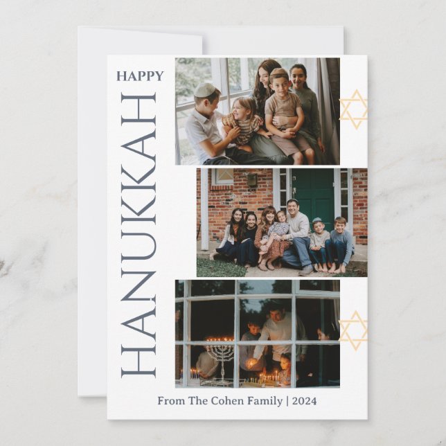Tarjeta Festiva Carta blanca Familia Hanukkah Tres fotos (Anverso)